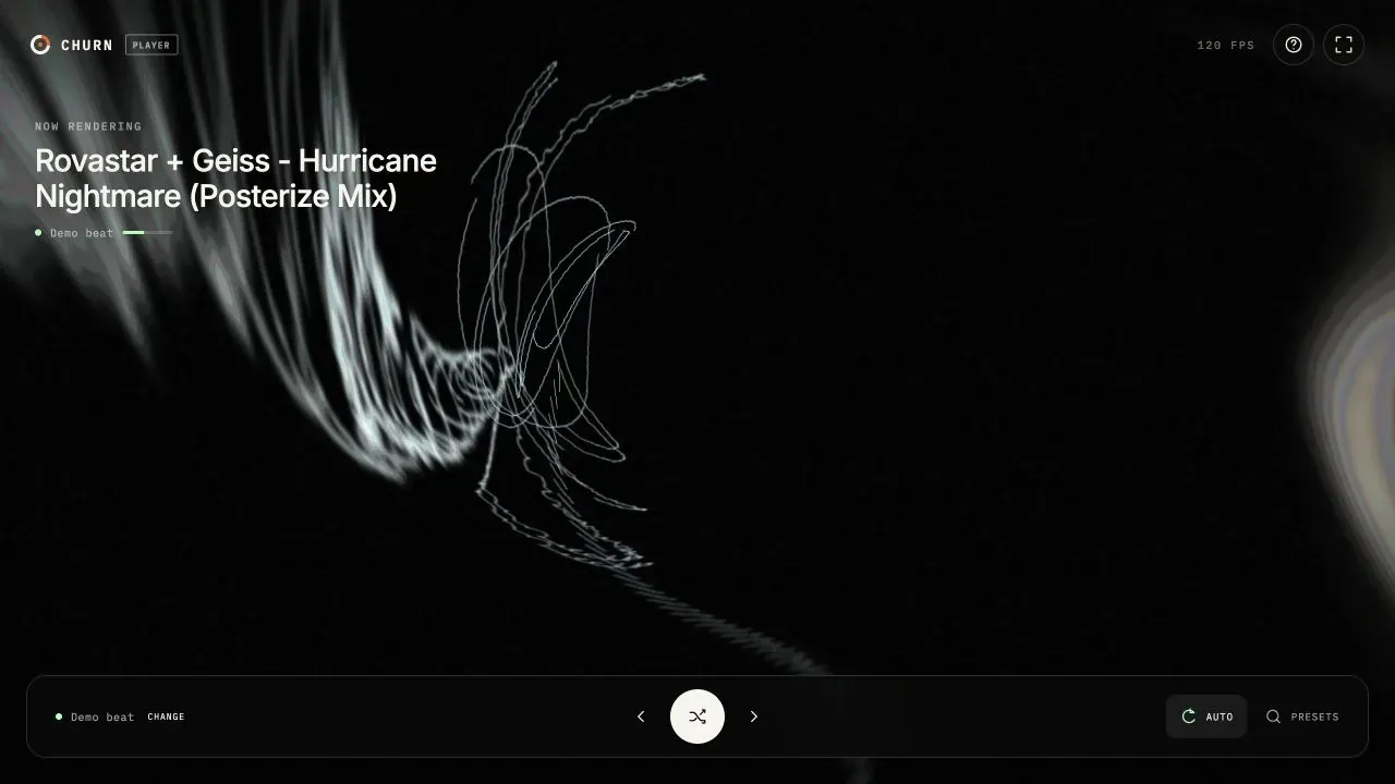 Churn interface showing Rovastar and Geiss’s Hurricane Nightmare preset